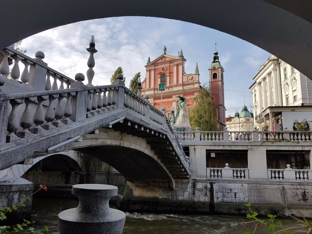 View of the Triple Bridge and river in Ljubljana