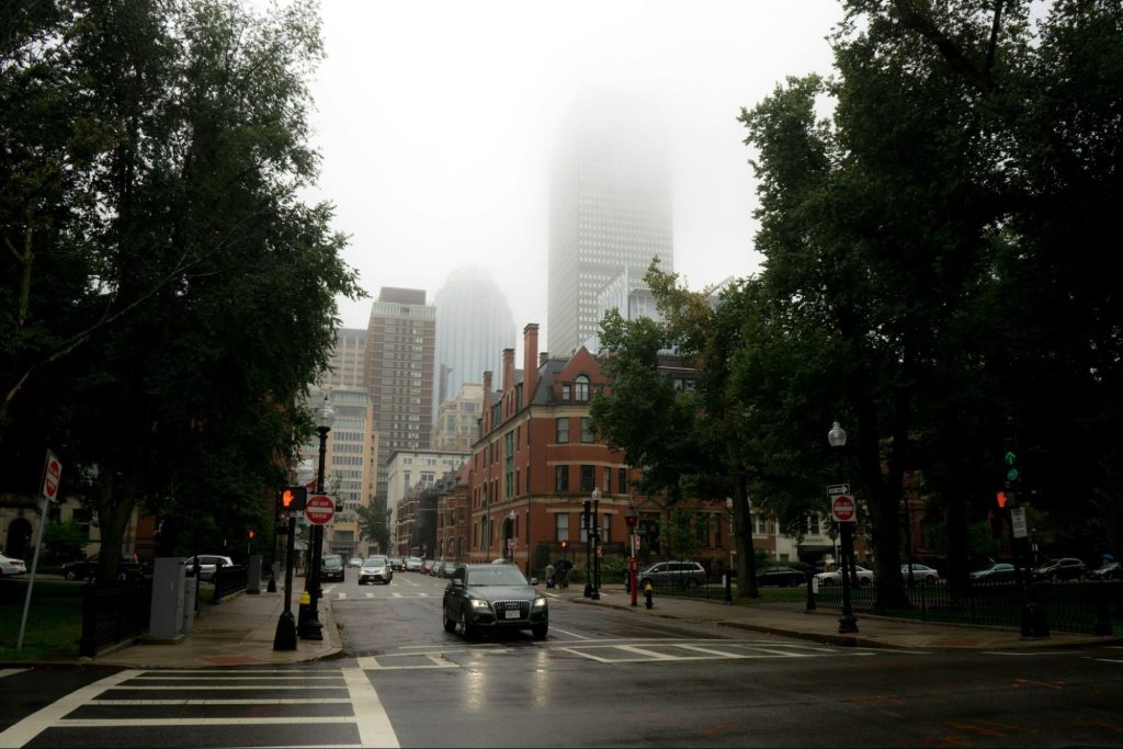 Foggy Boston street with Back Bay buildings
