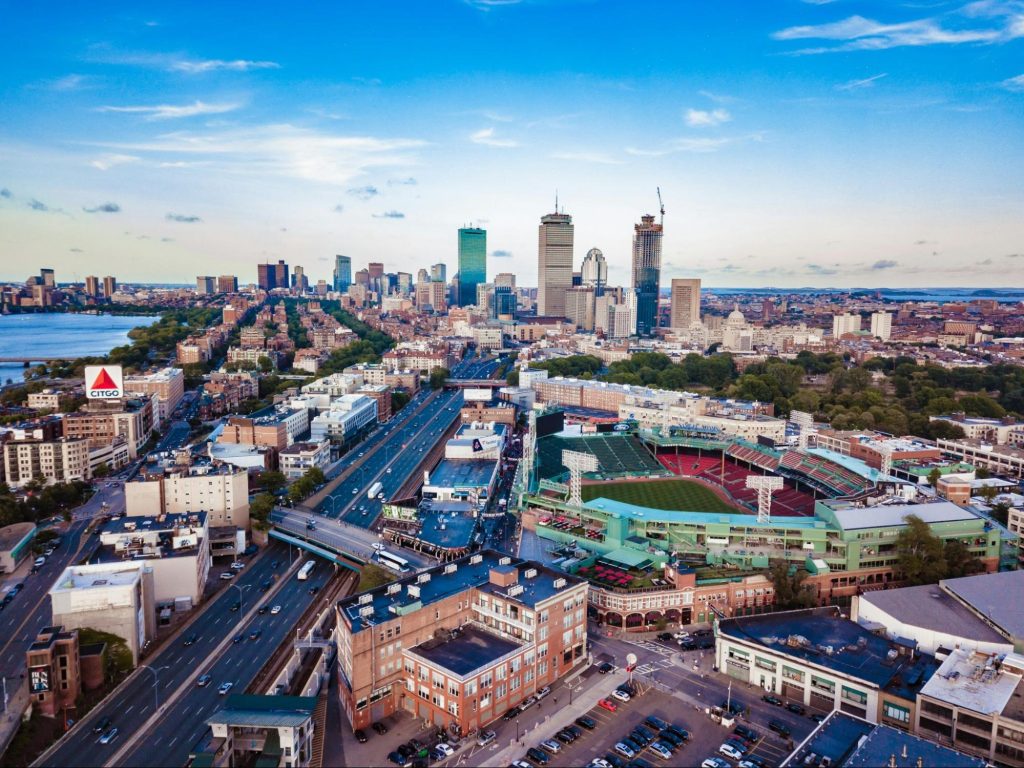 Boston skyline with Fenway Park and Back Bay aerial view