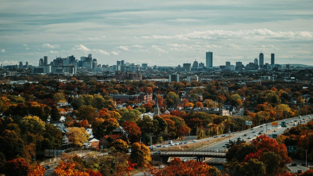 Boston skyline with colorful autumn foliage