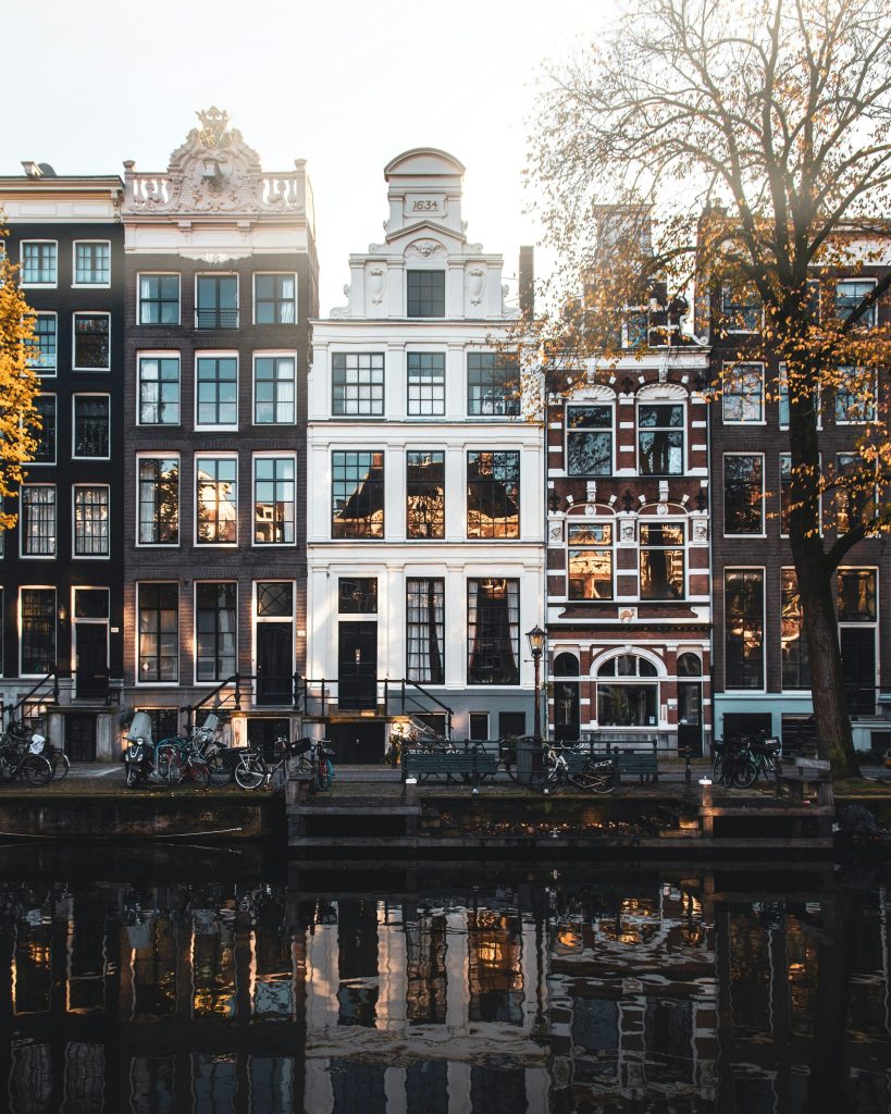 Traditional Amsterdam canal houses in a residential area