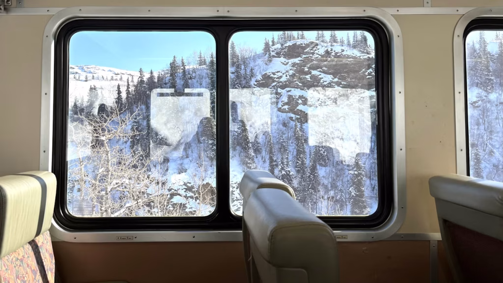Snowy mountain landscape seen through a train window in Alaska