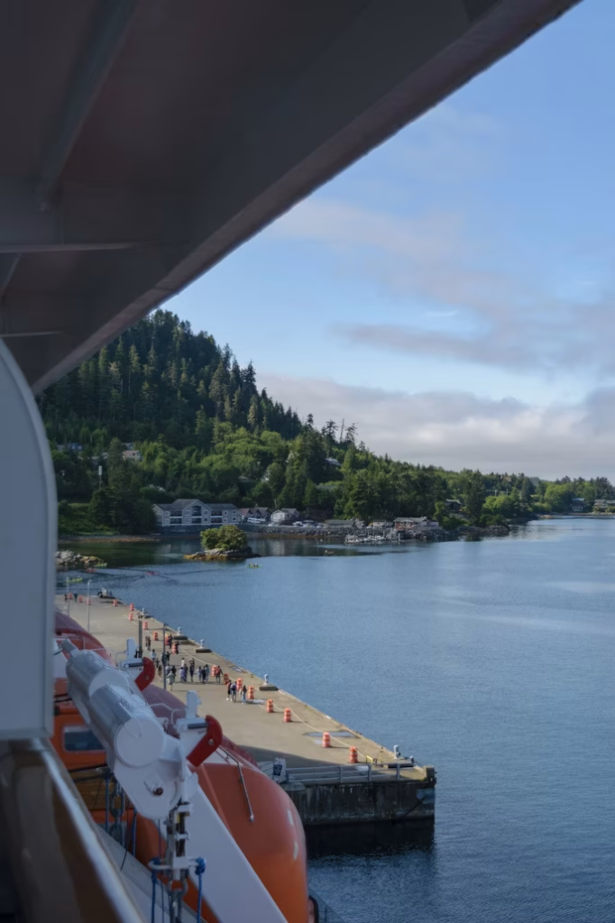 View from a ferry arriving at an Alaska coastal dock