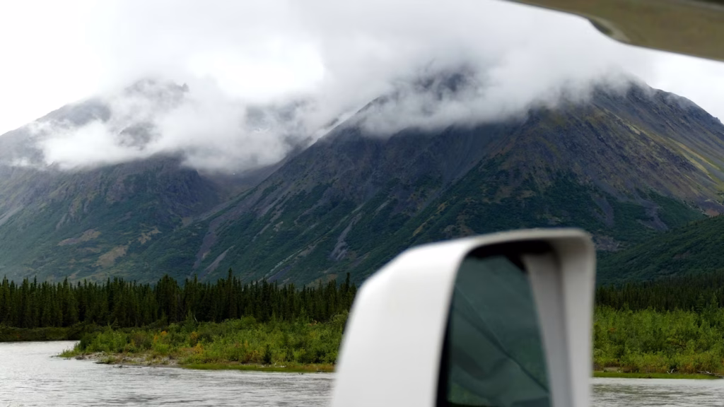 Mountain landscape in Alaska viewed from inside a vehicle