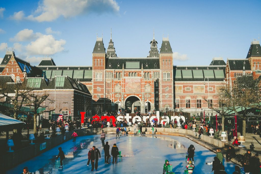 Rijksmuseum and ice rink at Museumplein in Amsterdam