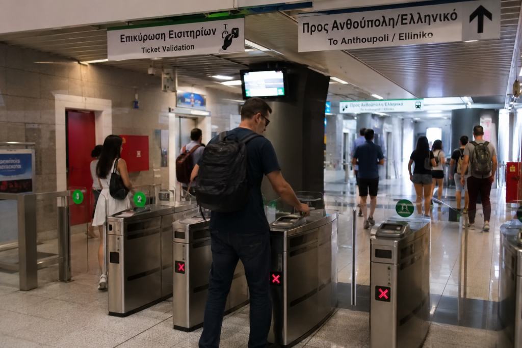 Tourists validating tickets at the turnstiles in the Athens metro